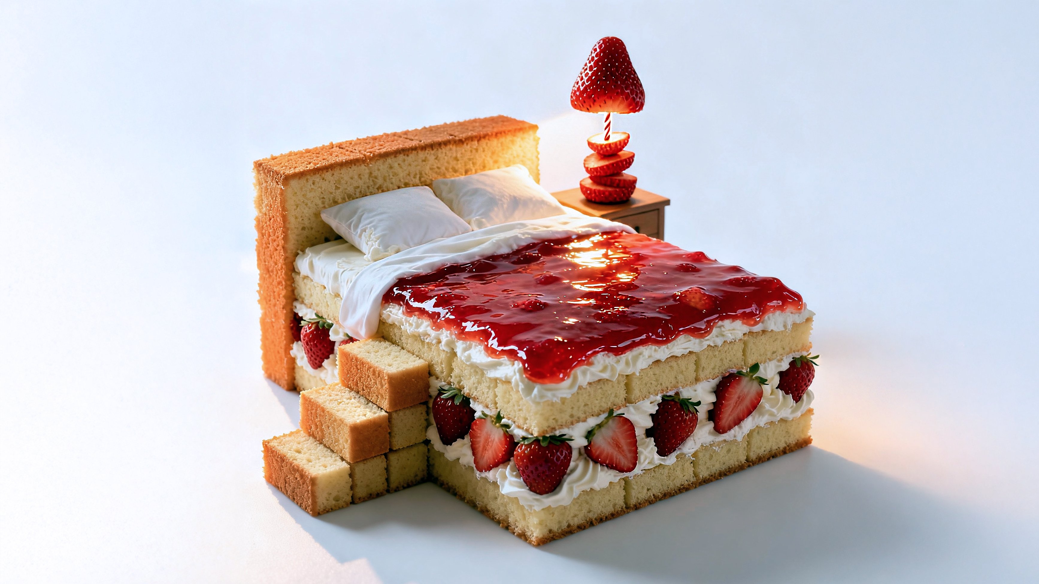 Bedroom bed recreated from sponge cake